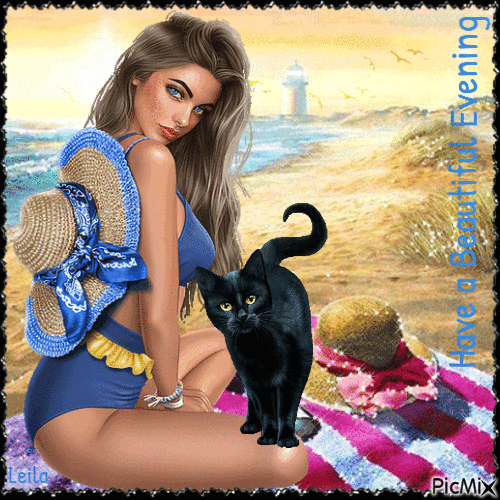 Have a Beautiful Evening. Woman, cat, beach - Бесплатни анимирани ГИФ