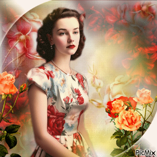 Vintage-Frau, leuchtende Farben und Blumen - 無料のアニメーション GIF