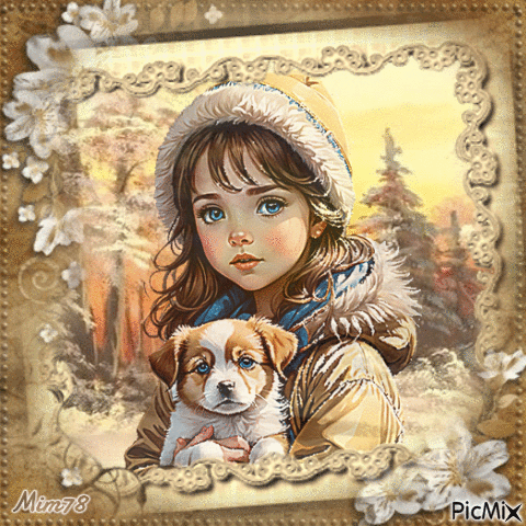 Petite fille et chien - Tons pastel - GIF animé gratuit