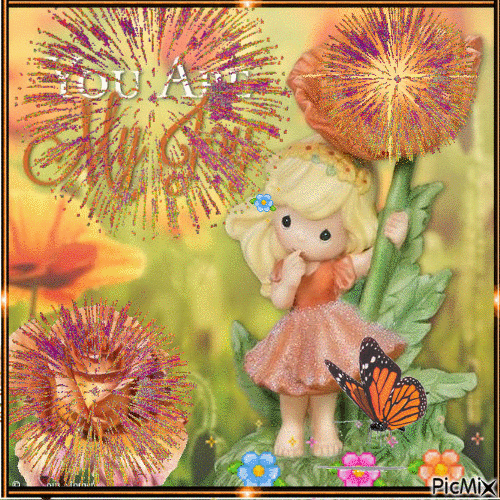 PRECIOUS MOMENTS LITTLE GIRL HOLDING AN ORANGE FLOWER, THERE IS AN ORANGE ROSE, AND YOU ARE MY JOY WRITTEN ORANGE ALL THREE ARE EXPLODING, A BUTTERFLY FLYING AROUND, AND A FEW LITTLE FLOWERS. - Bezmaksas animēts GIF