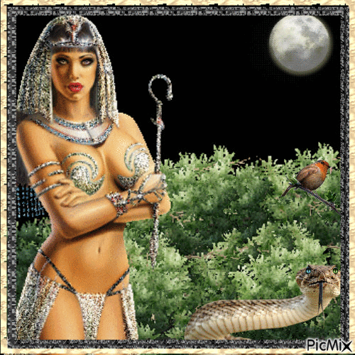 Una mujer..la noche y una serpiente - GIF animado gratis