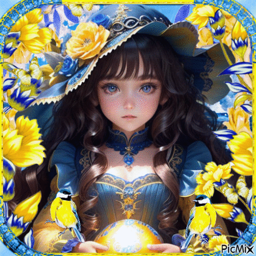 Anime girl: Blue and yellow colors - 無料のアニメーション GIF