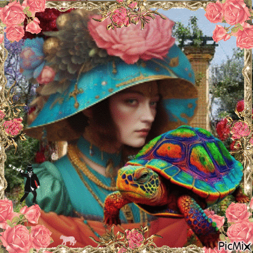 Woman with turtle - Free animated GIF
