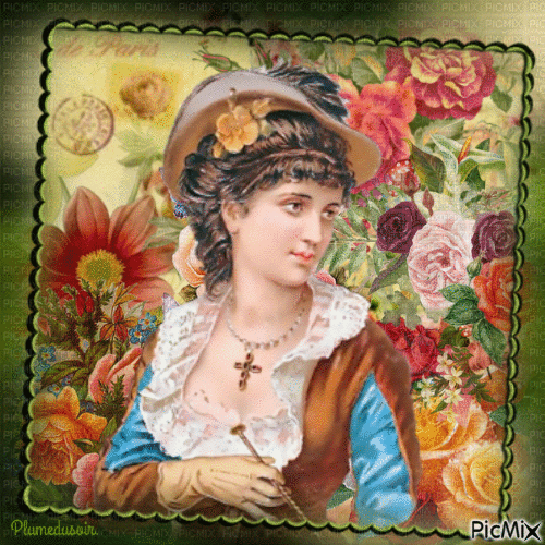 Carte postale d'une femme victorienne avec des fleurs. - GIF animate gratis