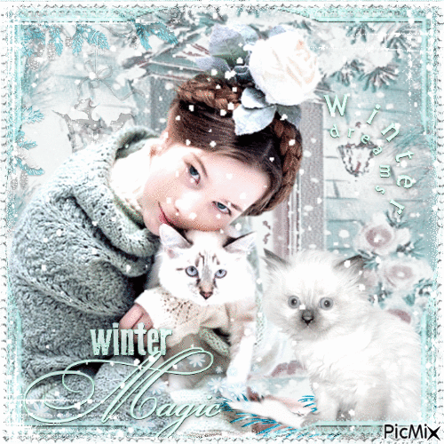 Winter with her Cats - Безплатен анимиран GIF