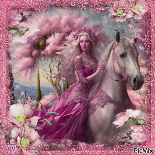 Princesse à cheval dans les tons roses - Бесплатный анимированный гифка