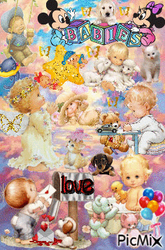 LOTS OF BABIES DOING WHAT BABIES DO, THERE IS BABY MINNIE AND BABY MICKEY SAYING BABIES, THE SIGN ON THE MAILBOX SAYS LOVE, THERE ARE A FEW DOGS AND CATS, THERE ARE BALLONS AND BUTTERFLIES. - Безплатен анимиран GIF