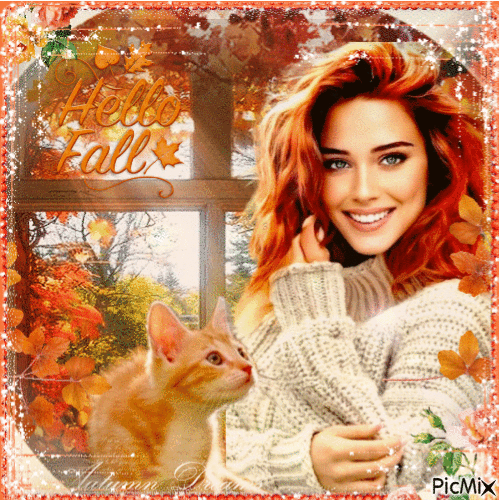 Smile of a red-haired woman with a cat - Animovaný GIF zadarmo