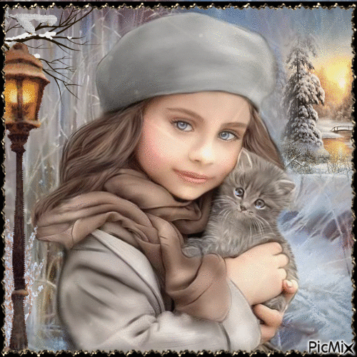 Chica de invierno con su gato - Colores suaves - GIF เคลื่อนไหวฟรี