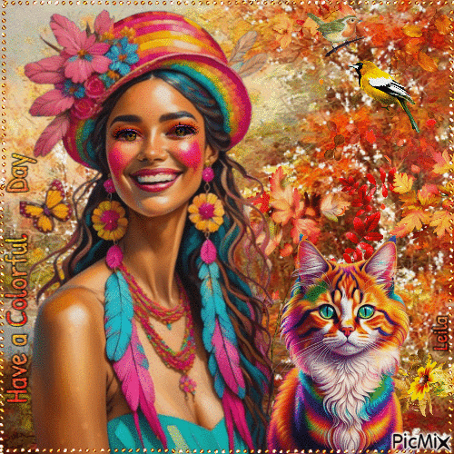 Have a Colorful Day. Autumn. Cat, woman - GIF animé gratuit