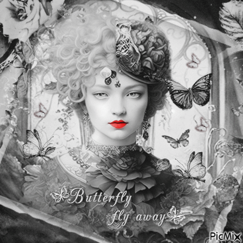 Fantasy woman butterfly black white - GIF animé gratuit