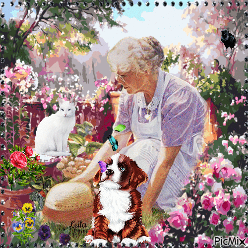 Grandma in the garden - GIF animé gratuit