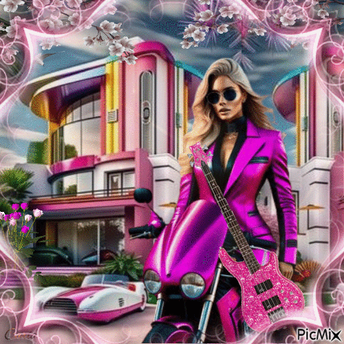 Femme sur une moto avec une guitare - Gratis animeret GIF