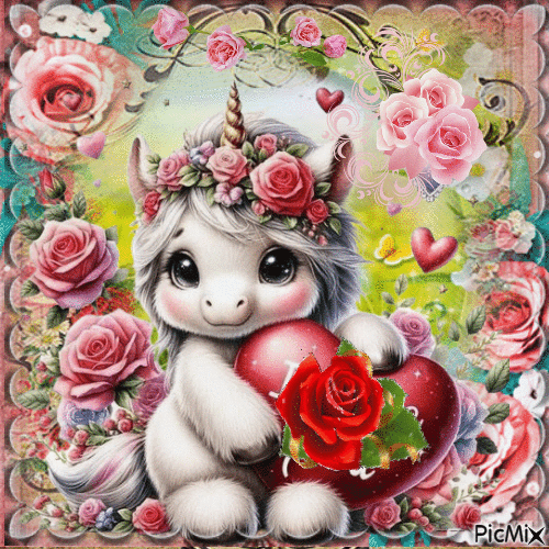 la Petite Licorne avec des roses - Darmowy animowany GIF