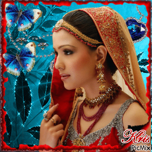 Jeune fille indienne portrait bleu et rouge - Бесплатный анимированный гифка