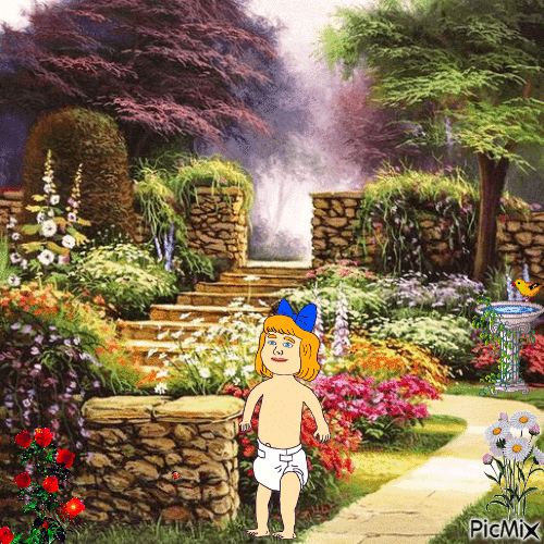 Cartoon baby in garden - Ilmainen animoitu GIF