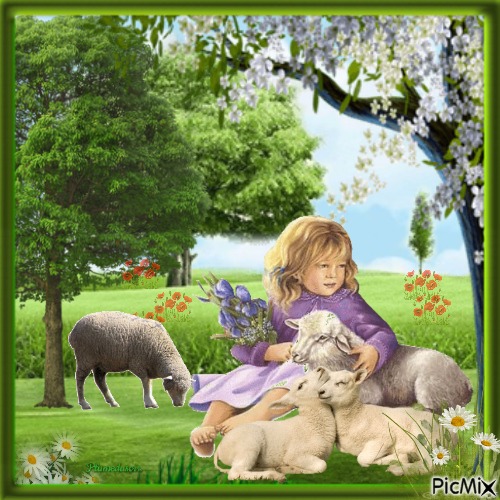 Petite fille et moutons (vintage). - png grátis