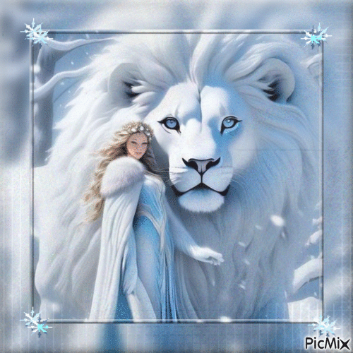 femme et lion hiver - GIF animado grátis