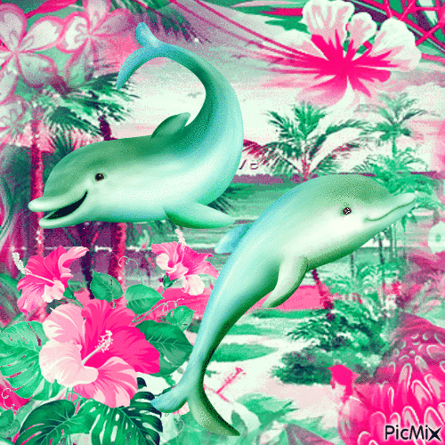 Plage, fleurs et dauphins en vert et rose - Free animated GIF