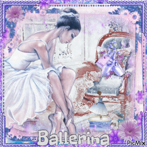 Ballerina with lilac and blue flowers - Zdarma animovaný GIF