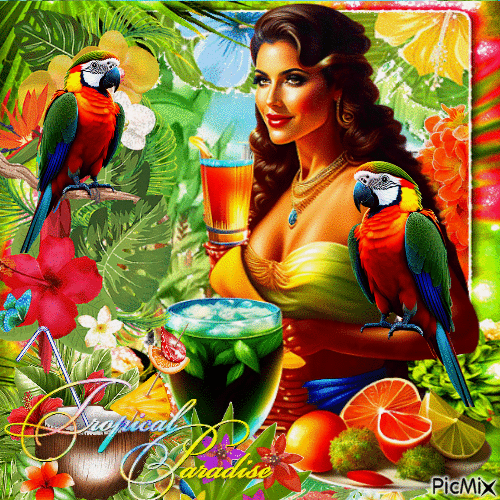 Fantasy woman with a parrot - GIF animé gratuit
