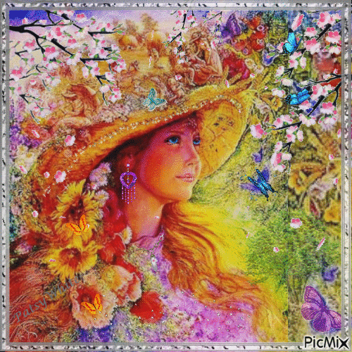 Young girl with hat in springtime - GIF animé gratuit