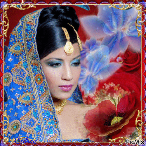 Jeune fille indienne portrait bleu et rouge - Gratis animerad GIF