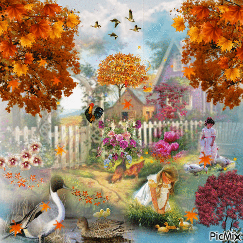 IN THE BACKYARD WITH THE DUCKENS AND CHICKENS. IT IS THE FALL, WITH LEAVES BLOWING, THE ROOSTER CROWING, AND 2 LITTLE GIRLS FEEDING AND PLAYING WITH THE ANIMALS. - GIF animado grátis