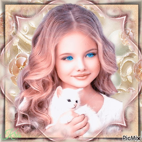 Petite fille et chat blanc - Безплатен анимиран GIF