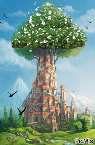 Edificio sobre árbol - 無料のアニメーション GIF