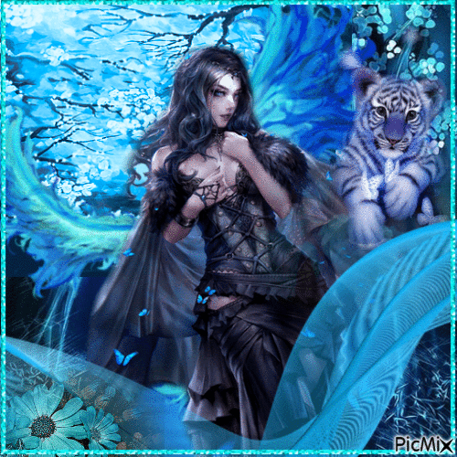 Femme fantasy avec un animal, en bleu - Free animated GIF