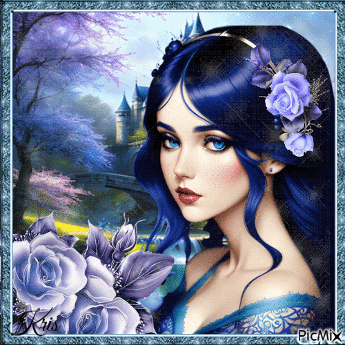 Femme en bleu avec une rose bleue - GIF animasi gratis