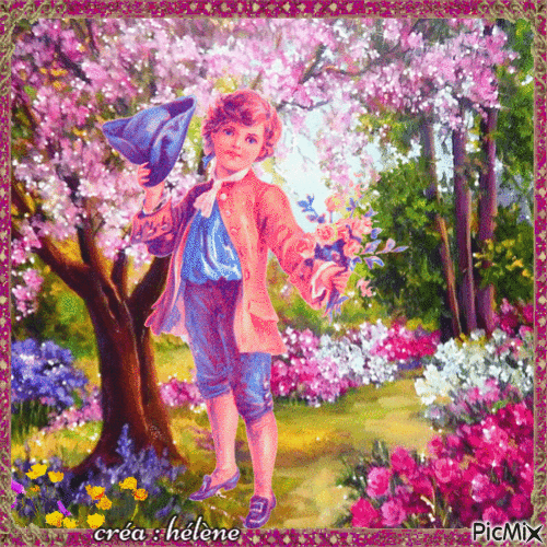 garçonnet du printemps dans un jardin fleuri - Vintage - GIF animé gratuit