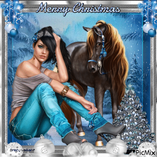 Christmas, blue woman and horse - Ingyenes animált GIF