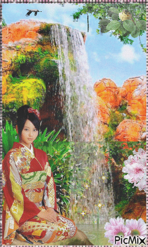Китаянка у водопада. - GIF animasi gratis