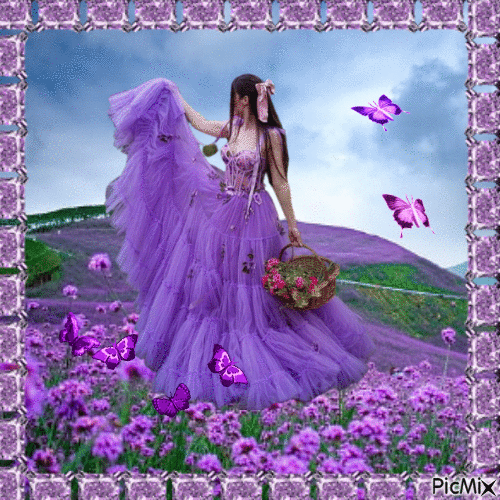 Mujer campo de flores Lila - Ingyenes animált GIF