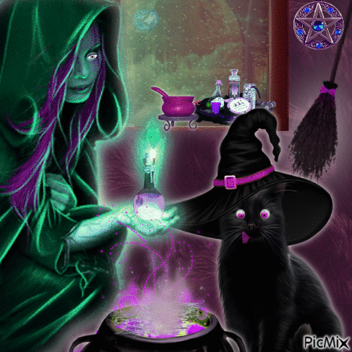 witch and her cat - 免费动画 GIF