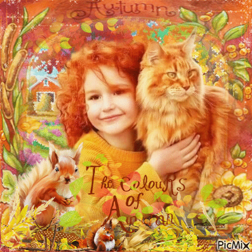 Autumn cat girl children squirrel - Бесплатный анимированный гифка