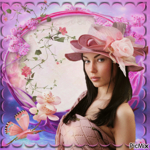 élégante dame avec chapeau rose - Безплатен анимиран GIF