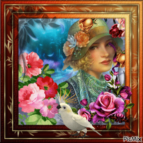 Portrait Woman Flowers Hat Bird Colors - Bezmaksas animēts GIF