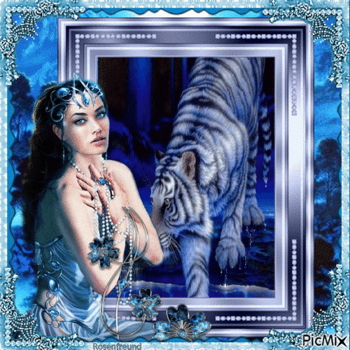 Fantasy Frau mit blauem Tier - Gratis animeret GIF