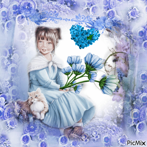 Kleines Mädchen mit blauen Blumen - 免费动画 GIF