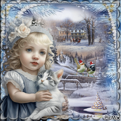 Fille en Hiver avec son chat - Free animated GIF