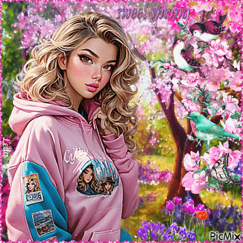 Sweet Spring. Girl, birds - Бесплатни анимирани ГИФ