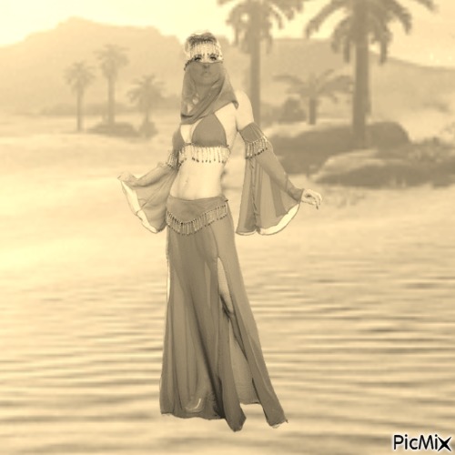 Sepia toned photo of belly dancer - gratis png