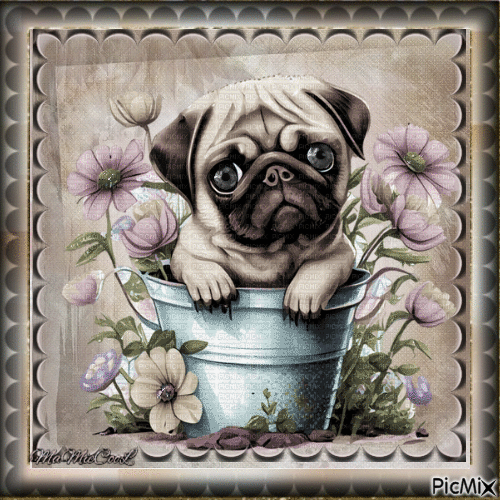 chien dans un pot avec des fleurs - GIF เคลื่อนไหวฟรี