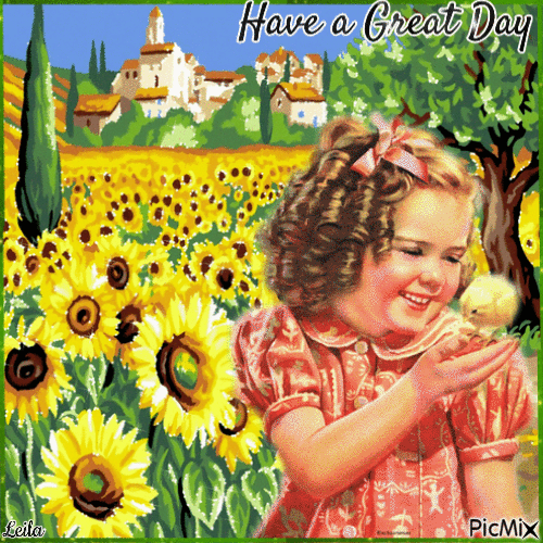 Have a Great Day. Girl in a sunflower grove