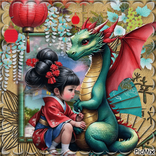 Dragon et enfant Asie - Bezmaksas animēts GIF