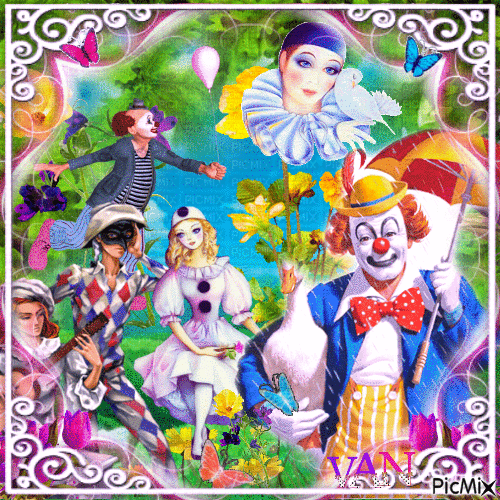 Pierrot, Colombine et des clowns au printemps...💛💚💖 - Бесплатный анимированный гифка