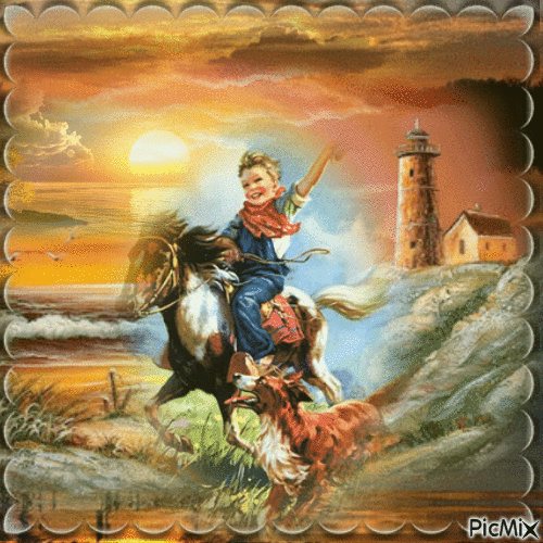 Petite Fille et son poney près d'un Phare - Бесплатни анимирани ГИФ